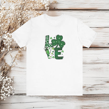 St. Patrick's Day LOVE Shamrock T-Shirt - Green Plaid, Polka Dot & Clover Tee - Festive Irish Shirt | Unisex Jersey Short Sleeve Tee