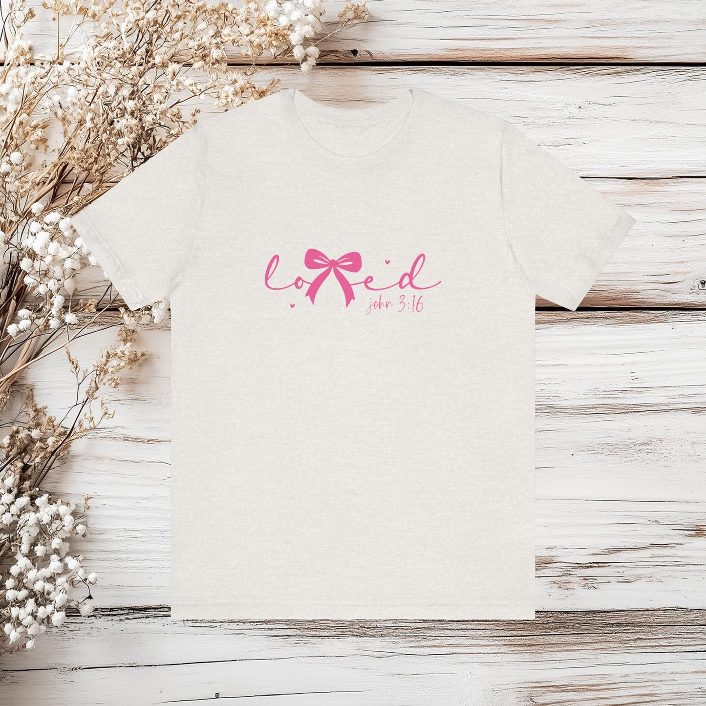 Loved John 3:16 T-Shirt - Christian Shirt, Bible Verse Tee, Religious Gift for Women, Cute Bow Design, Scripture Shirt, Faith Apparel | Unisex Jersey Short Sleeve Tee