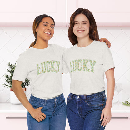 Lucky T-Shirt with Avalanche Blossom Seamless Pattern - St. Patrick's Day Gnomes, Clovers, and Teacups - Unique Irish Tee | Unisex Jersey Short Sleeve Tee