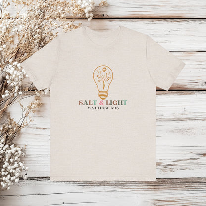 Salt & Light T-Shirt - Matthew 5:13 - Inspirational Floral Light Bulb Tee - Positive Vibes - Christian Apparel | Unisex Jersey Short Sleeve Tee