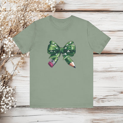 Lucky Teacher Pencil Bow T-Shirt – St. Patrick’s Day Teacher | Unisex Jersey Short Sleeve Tee