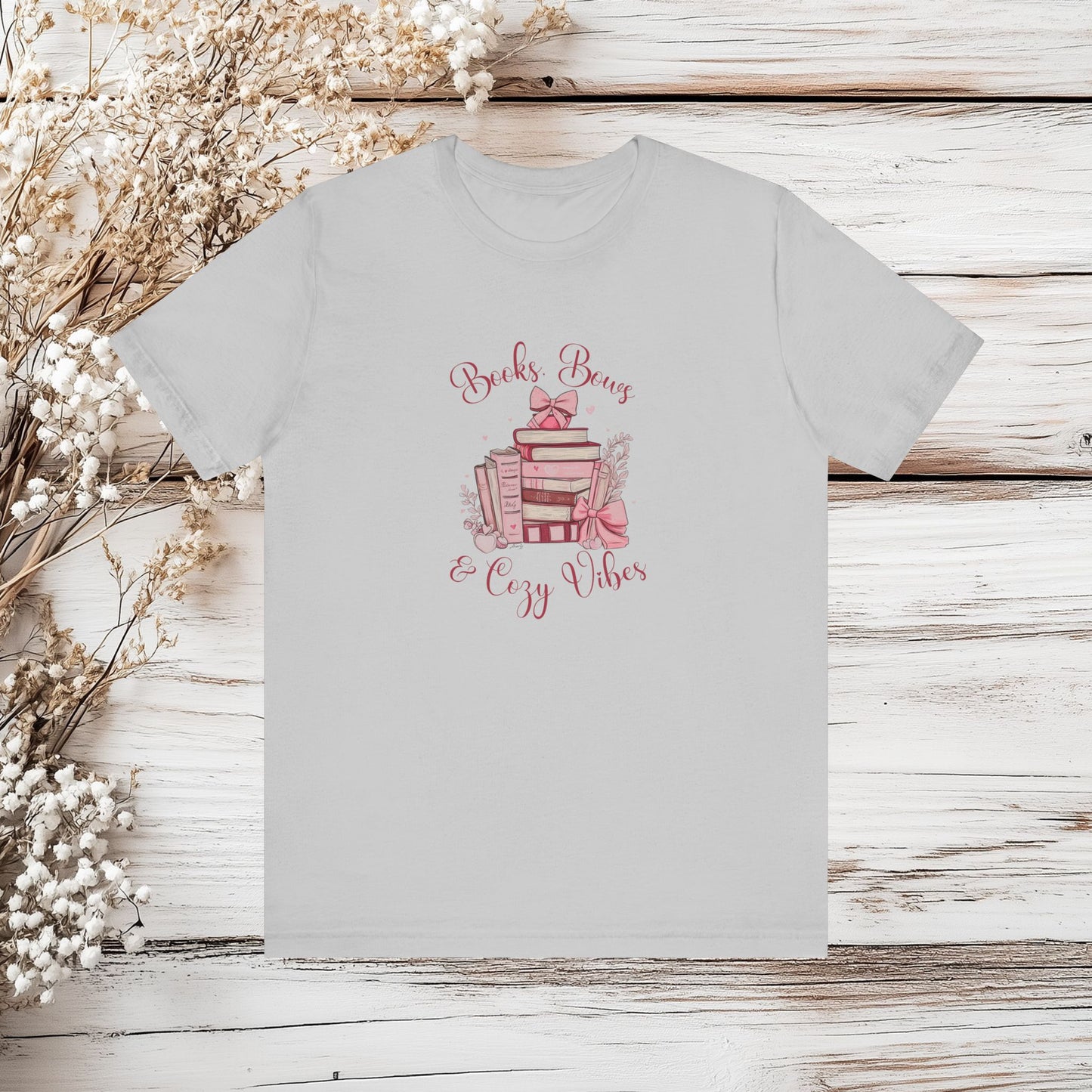 Books, Bows & Cozy Vibes T-Shirt - Cute Aesthetic Book Lover | Unisex Jersey Short Sleeve Tee