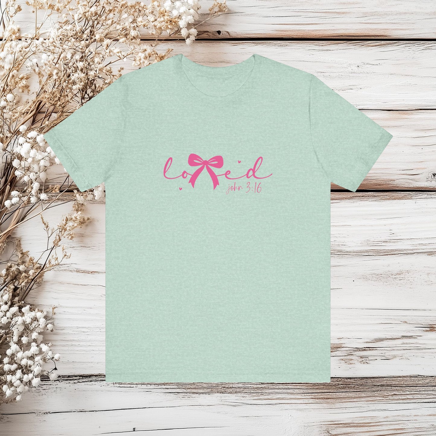 Loved John 3:16 T-Shirt - Christian Shirt, Bible Verse Tee, Religious Gift for Women, Cute Bow Design, Scripture Shirt, Faith Apparel | Unisex Jersey Short Sleeve Tee