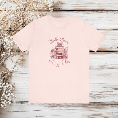 Books, Bows & Cozy Vibes T-Shirt - Cute Aesthetic Book Lover | Unisex Jersey Short Sleeve Tee