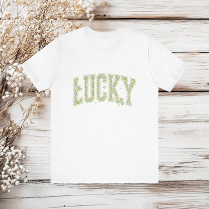 Lucky T-Shirt with Avalanche Blossom Seamless Pattern - St. Patrick's Day Gnomes, Clovers, and Teacups - Unique Irish Tee | Unisex Jersey Short Sleeve Tee