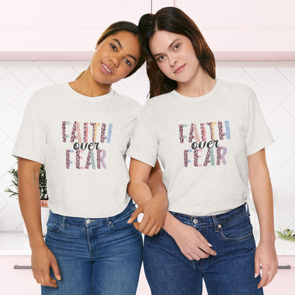 Faith Over Fear Christian T-Shirt - Inspirational Leopard Print Tee | Unisex Jersey Short Sleeve Tee