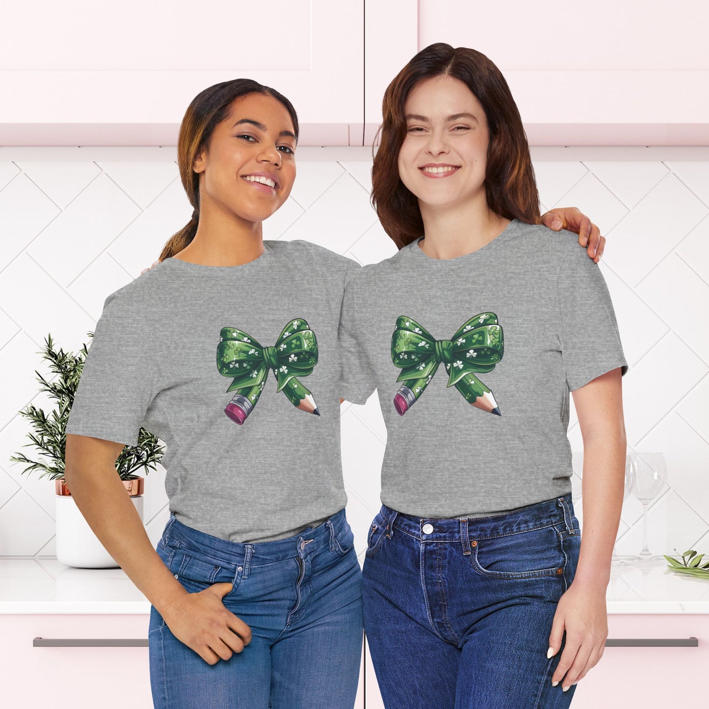 Lucky Teacher Pencil Bow T-Shirt – St. Patrick’s Day Teacher | Unisex Jersey Short Sleeve Tee