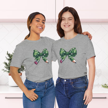 Lucky Teacher Pencil Bow T-Shirt – St. Patrick’s Day Teacher | Unisex Jersey Short Sleeve Tee