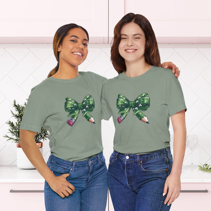 Lucky Teacher Pencil Bow T-Shirt – St. Patrick’s Day Teacher | Unisex Jersey Short Sleeve Tee