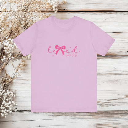 Loved John 3:16 T-Shirt - Christian Shirt, Bible Verse Tee, Religious Gift for Women, Cute Bow Design, Scripture Shirt, Faith Apparel | Unisex Jersey Short Sleeve Tee