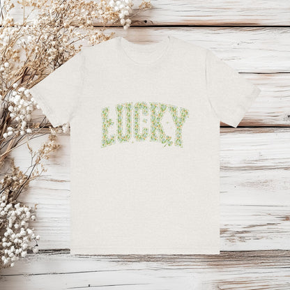 Lucky T-Shirt with Avalanche Blossom Seamless Pattern - St. Patrick's Day Gnomes, Clovers, and Teacups - Unique Irish Tee | Unisex Jersey Short Sleeve Tee