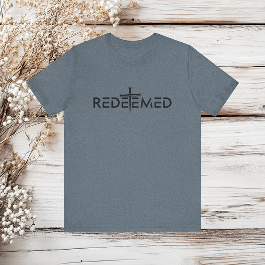 Redeemed T-Shirt with Nail Cross - Christian Faith Tee - Religious Apparel | Unisex Jersey Short Sleeve Tee