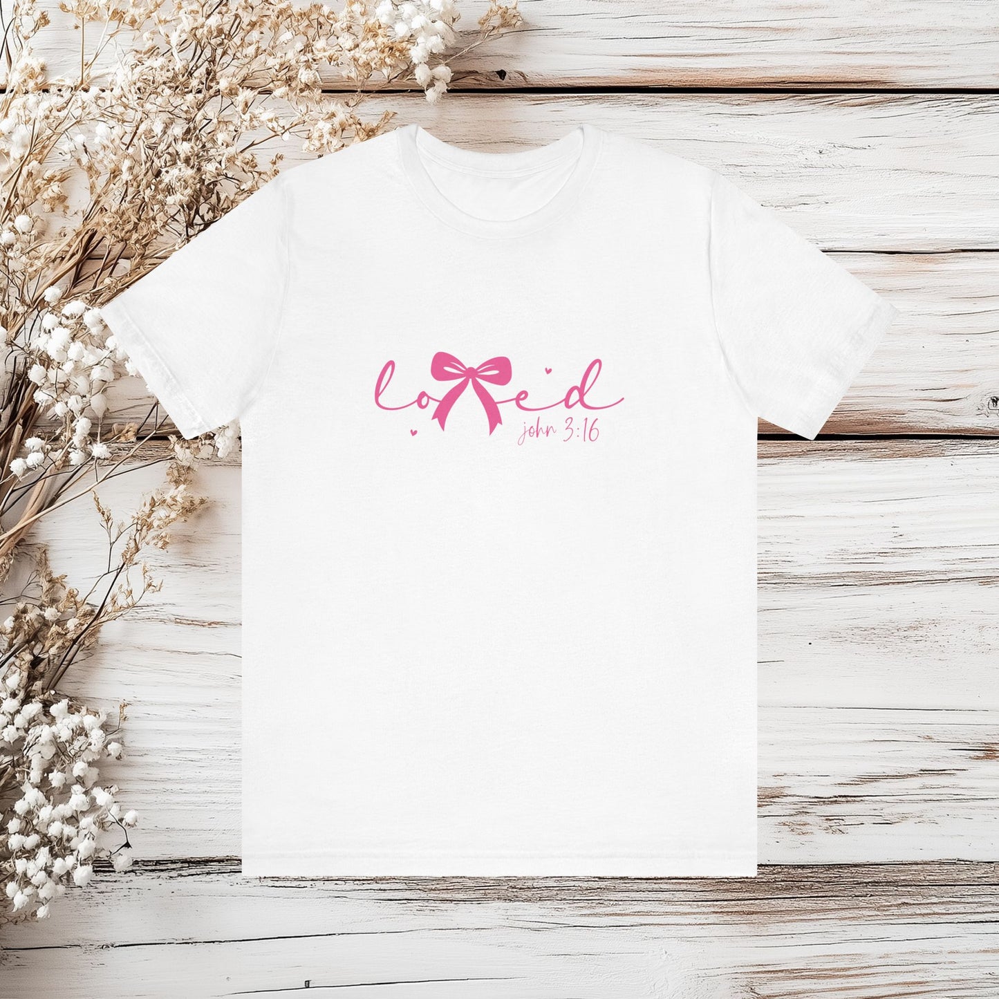 Loved John 3:16 T-Shirt - Christian Shirt, Bible Verse Tee, Religious Gift for Women, Cute Bow Design, Scripture Shirt, Faith Apparel | Unisex Jersey Short Sleeve Tee