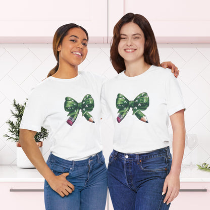 Lucky Teacher Pencil Bow T-Shirt – St. Patrick’s Day Teacher | Unisex Jersey Short Sleeve Tee