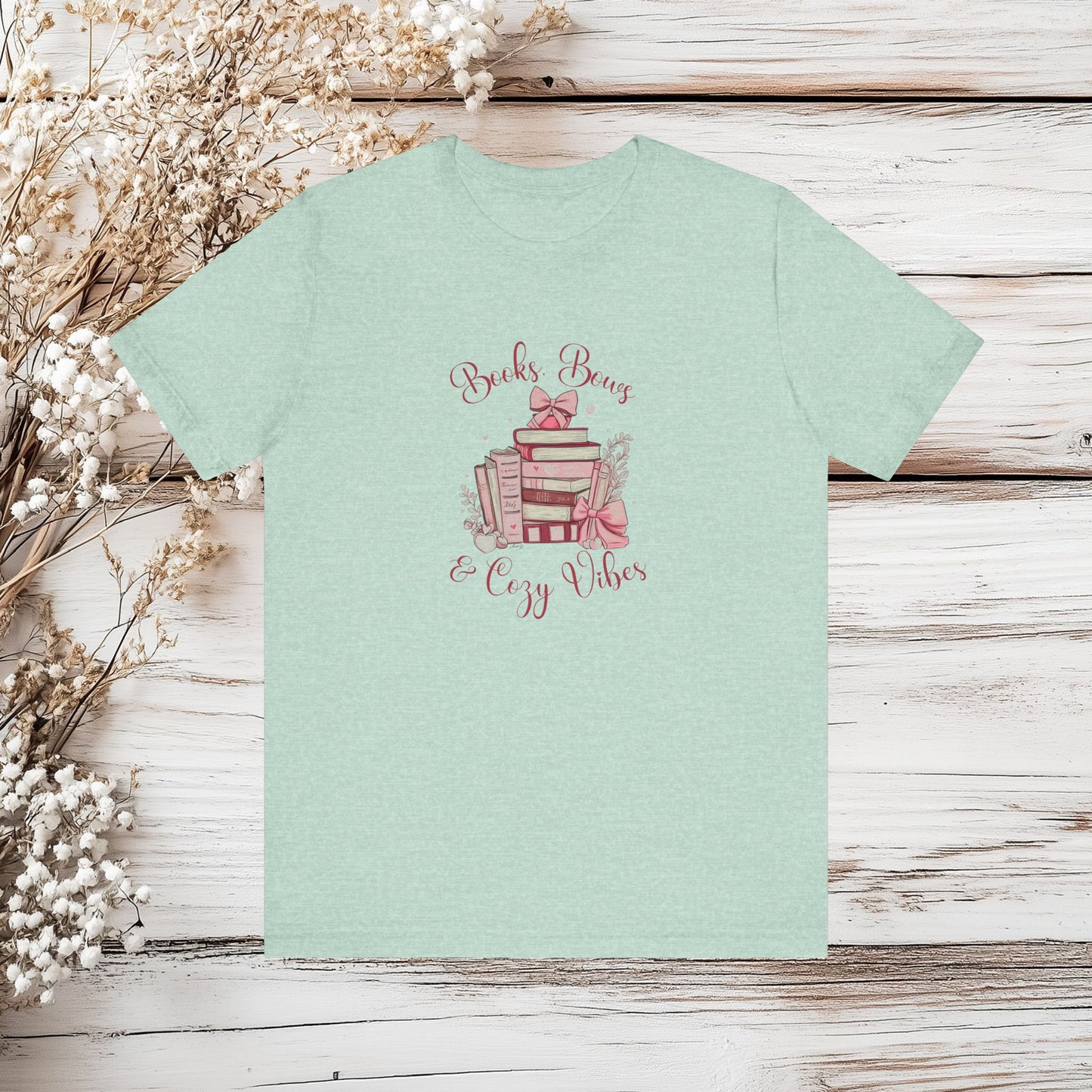 Books, Bows & Cozy Vibes T-Shirt - Cute Aesthetic Book Lover | Unisex Jersey Short Sleeve Tee