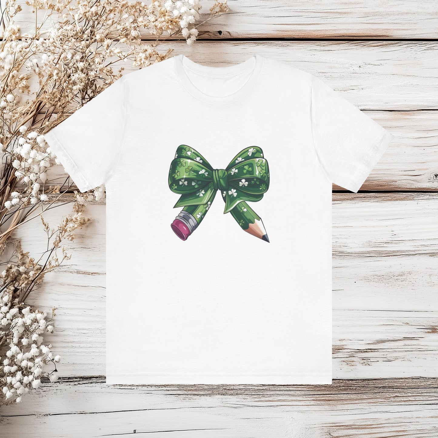 Lucky Teacher Pencil Bow T-Shirt – St. Patrick’s Day Teacher | Unisex Jersey Short Sleeve Tee