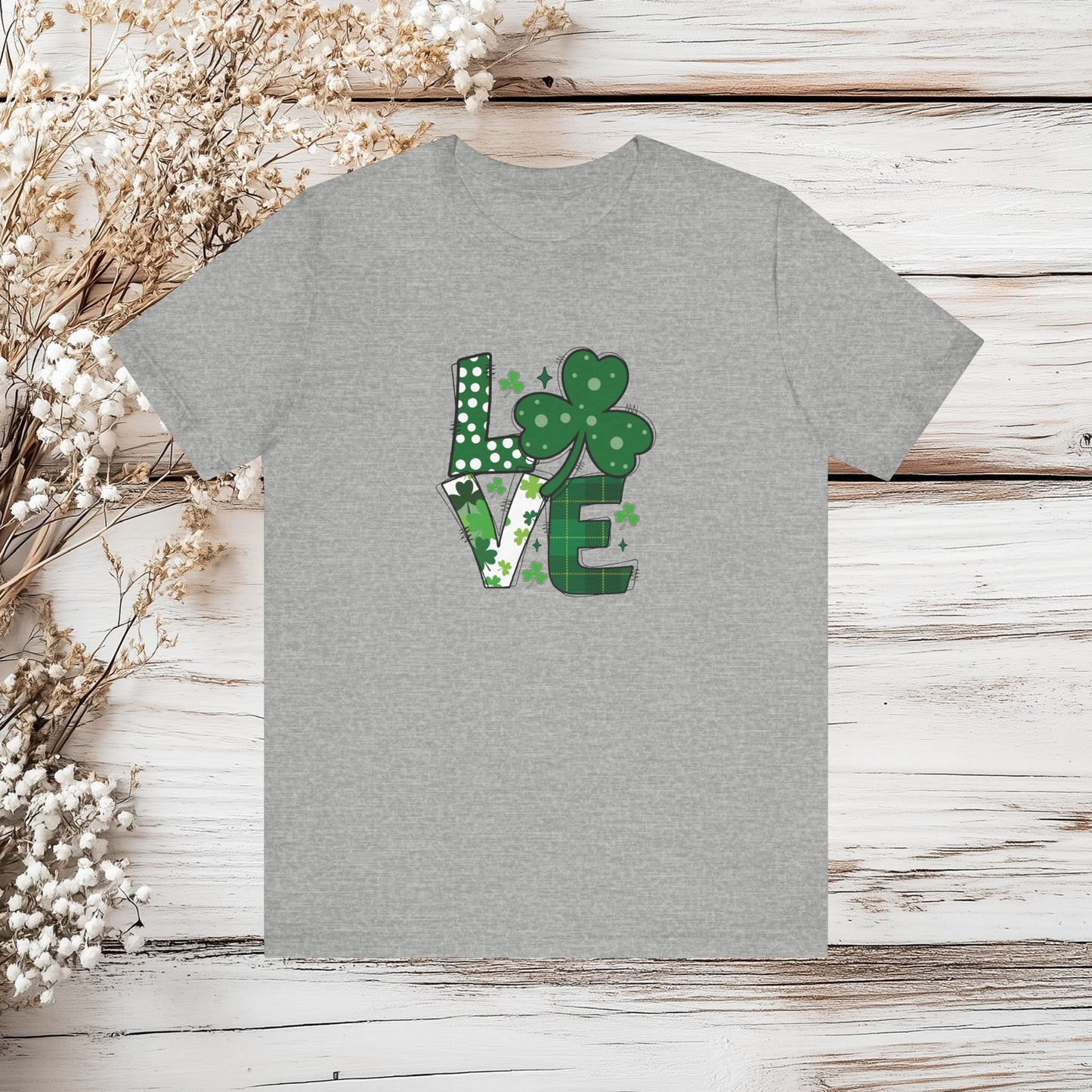 St. Patrick's Day LOVE Shamrock T-Shirt - Green Plaid, Polka Dot & Clover Tee - Festive Irish Shirt | Unisex Jersey Short Sleeve Tee