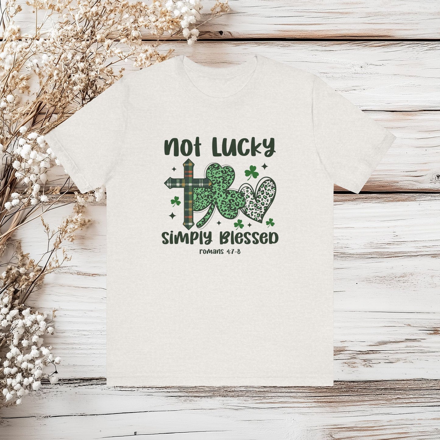 Not Lucky Simply Blessed Christian T-Shirt - St. Patrick's Day Tee with Leopard Shamrock & Cross - Romans 4:7-8 | Unisex Jersey Short Sleeve Tee