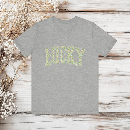 Lucky T-Shirt with Avalanche Blossom Seamless Pattern - St. Patrick's Day Gnomes, Clovers, and Teacups - Unique Irish Tee | Unisex Jersey Short Sleeve Tee