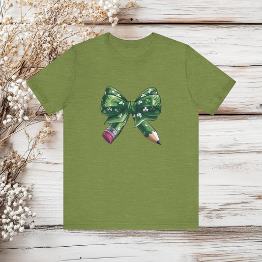 Lucky Teacher Pencil Bow T-Shirt – St. Patrick’s Day Teacher | Unisex Jersey Short Sleeve Tee