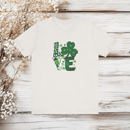 St. Patrick's Day LOVE Shamrock T-Shirt - Green Plaid, Polka Dot & Clover Tee - Festive Irish Shirt | Unisex Jersey Short Sleeve Tee