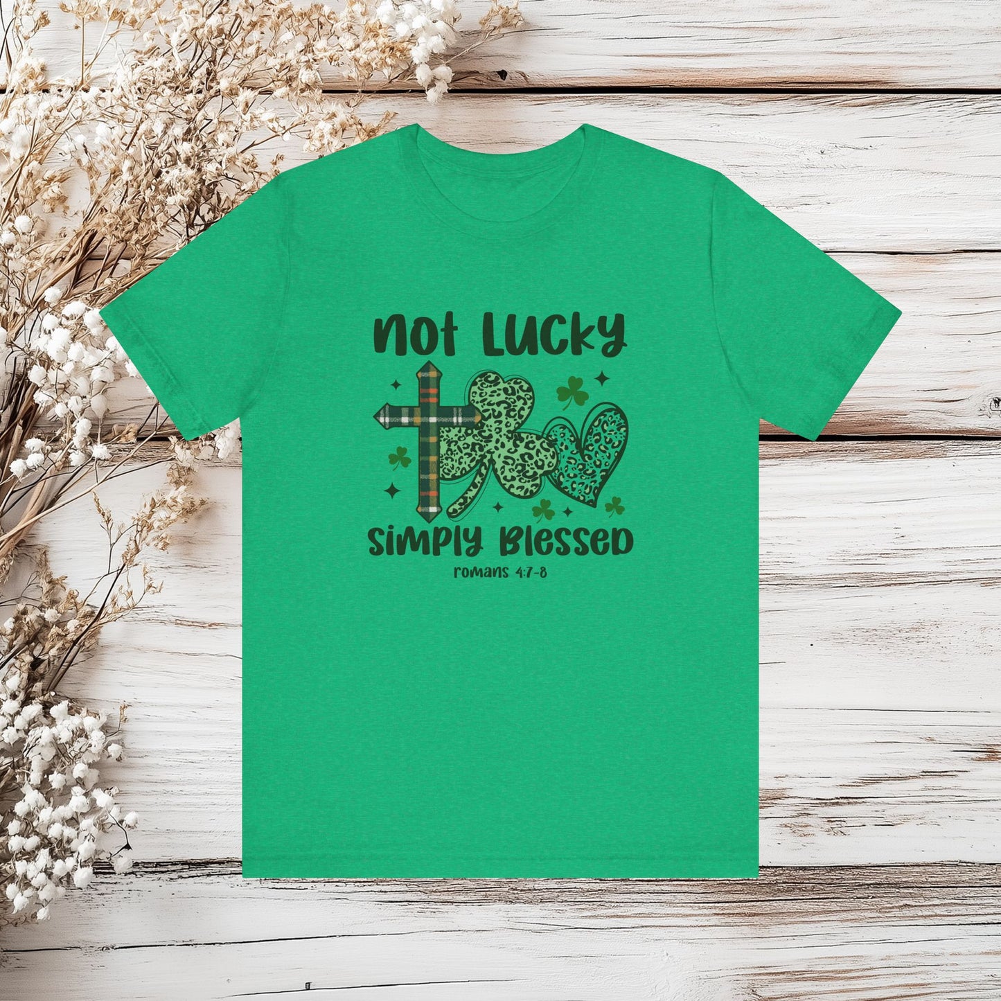 Not Lucky Simply Blessed Christian T-Shirt - St. Patrick's Day Tee with Leopard Shamrock & Cross - Romans 4:7-8 | Unisex Jersey Short Sleeve Tee