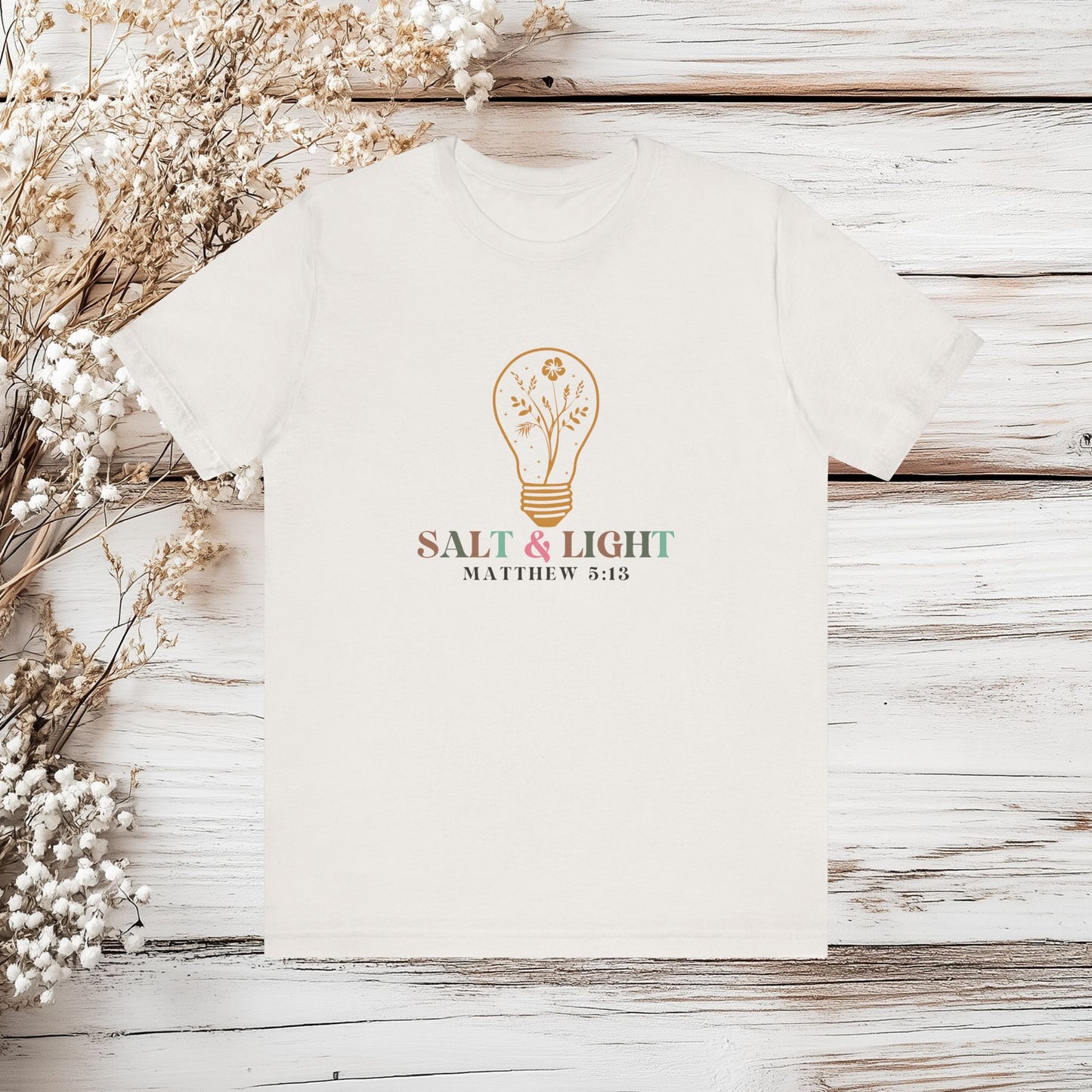 Salt & Light T-Shirt - Matthew 5:13 - Inspirational Floral Light Bulb Tee - Positive Vibes - Christian Apparel | Unisex Jersey Short Sleeve Tee