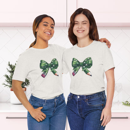 Lucky Teacher Pencil Bow T-Shirt – St. Patrick’s Day Teacher | Unisex Jersey Short Sleeve Tee