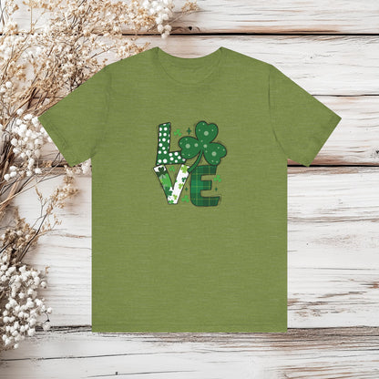 St. Patrick's Day LOVE Shamrock T-Shirt - Green Plaid, Polka Dot & Clover Tee - Festive Irish Shirt | Unisex Jersey Short Sleeve Tee