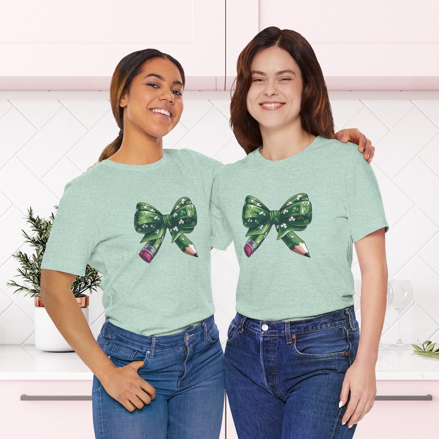 Lucky Teacher Pencil Bow T-Shirt – St. Patrick’s Day Teacher | Unisex Jersey Short Sleeve Tee