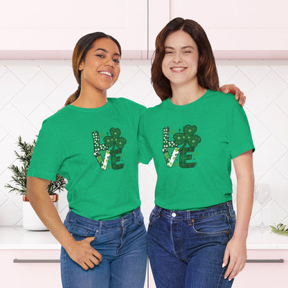 St. Patrick's Day LOVE Shamrock T-Shirt - Green Plaid, Polka Dot & Clover Tee - Festive Irish Shirt | Unisex Jersey Short Sleeve Tee