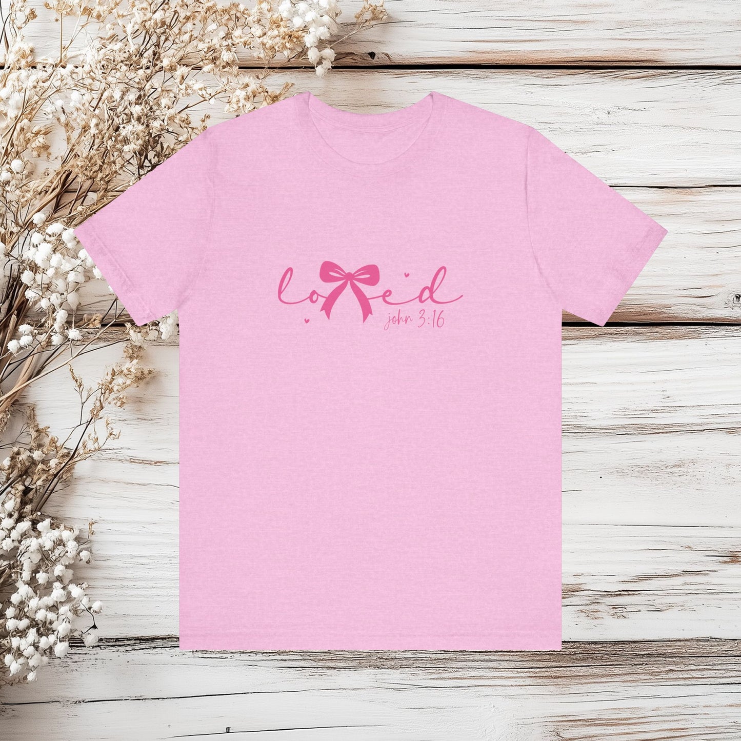 Loved John 3:16 T-Shirt - Christian Shirt, Bible Verse Tee, Religious Gift for Women, Cute Bow Design, Scripture Shirt, Faith Apparel | Unisex Jersey Short Sleeve Tee