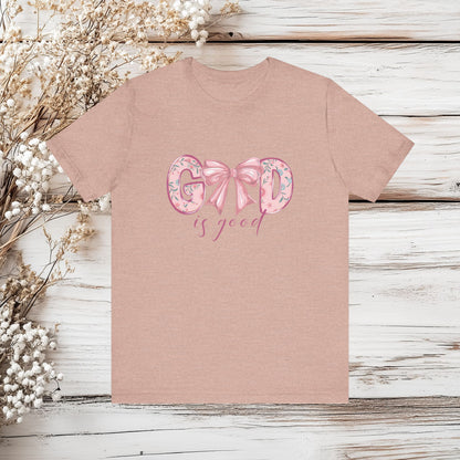 God is Good T-Shirt - Floral Graphic Tee, Inspirational Shirt, Christian Apparel, Faith Based Clothing, Gift for Her, Cute Bow Design | Unisex Jersey Short Sleeve Tee