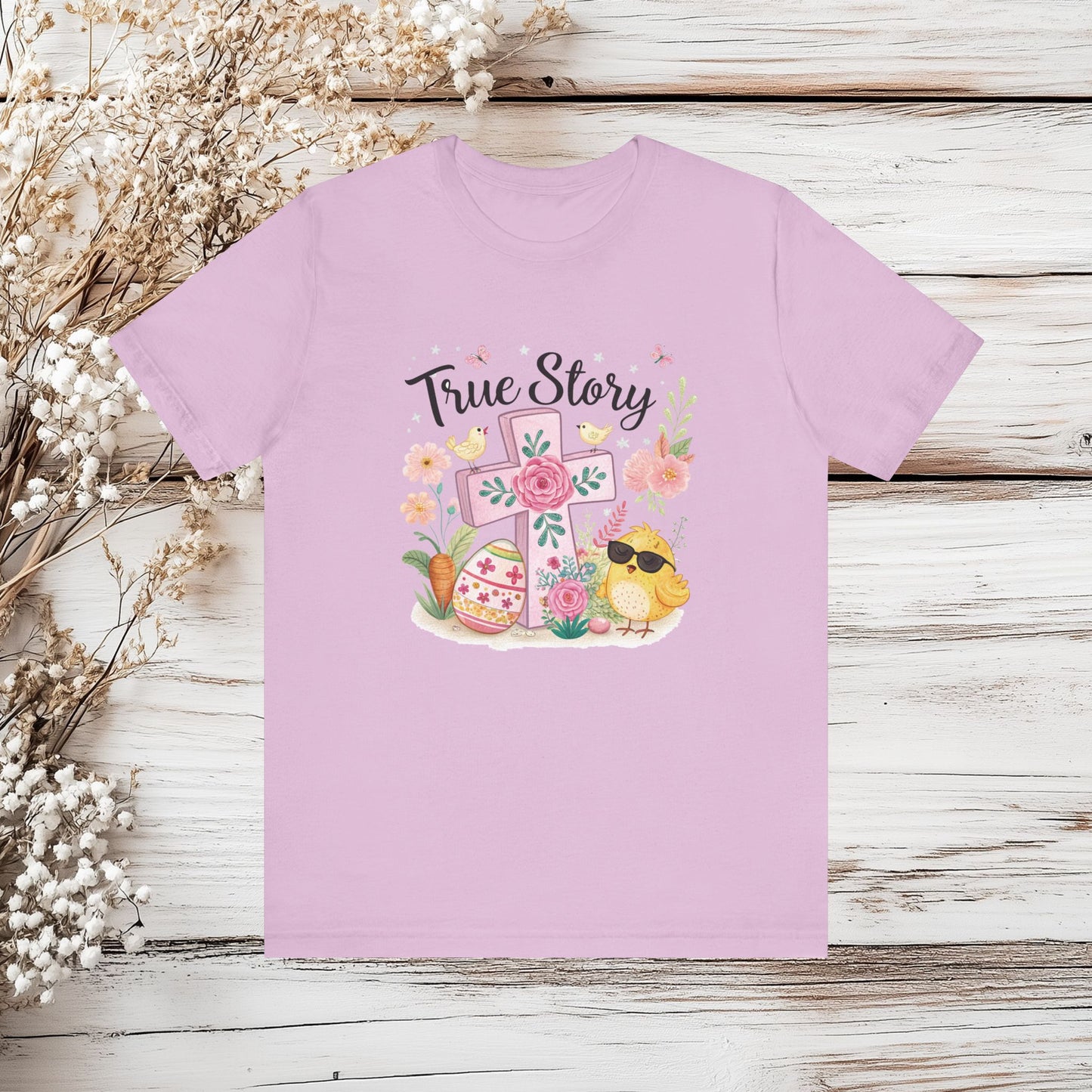 Cute Easter Chick and Cross True Story Shirt - Religious Spring Tee | Unisex Jersey Short Sleeve Tee