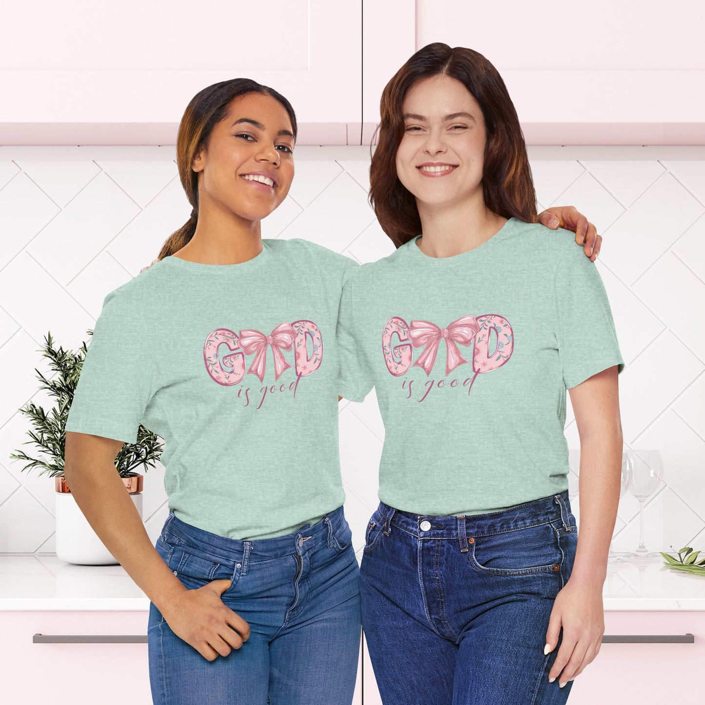 God is Good T-Shirt - Floral Graphic Tee, Inspirational Shirt, Christian Apparel, Faith Based Clothing, Gift for Her, Cute Bow Design | Unisex Jersey Short Sleeve Tee