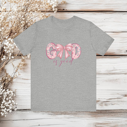 God is Good T-Shirt - Floral Graphic Tee, Inspirational Shirt, Christian Apparel, Faith Based Clothing, Gift for Her, Cute Bow Design | Unisex Jersey Short Sleeve Tee