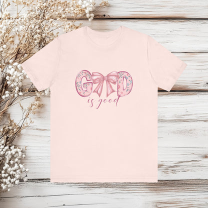 God is Good T-Shirt - Floral Graphic Tee, Inspirational Shirt, Christian Apparel, Faith Based Clothing, Gift for Her, Cute Bow Design | Unisex Jersey Short Sleeve Tee