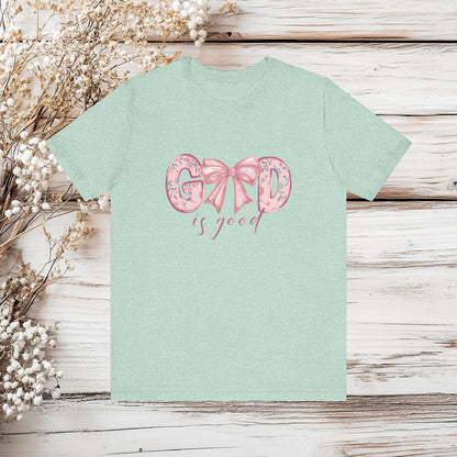 God is Good T-Shirt - Floral Graphic Tee, Inspirational Shirt, Christian Apparel, Faith Based Clothing, Gift for Her, Cute Bow Design | Unisex Jersey Short Sleeve Tee