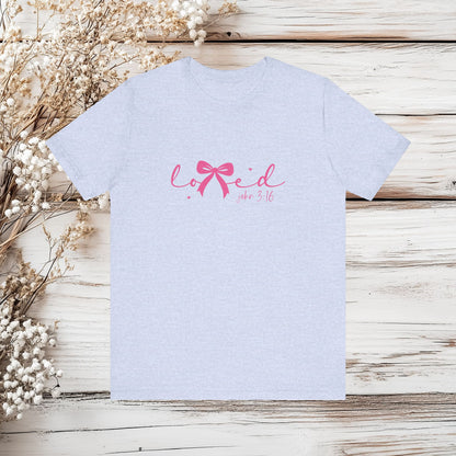 Loved John 3:16 T-Shirt - Christian Shirt, Bible Verse Tee, Religious Gift for Women, Cute Bow Design, Scripture Shirt, Faith Apparel | Unisex Jersey Short Sleeve Tee