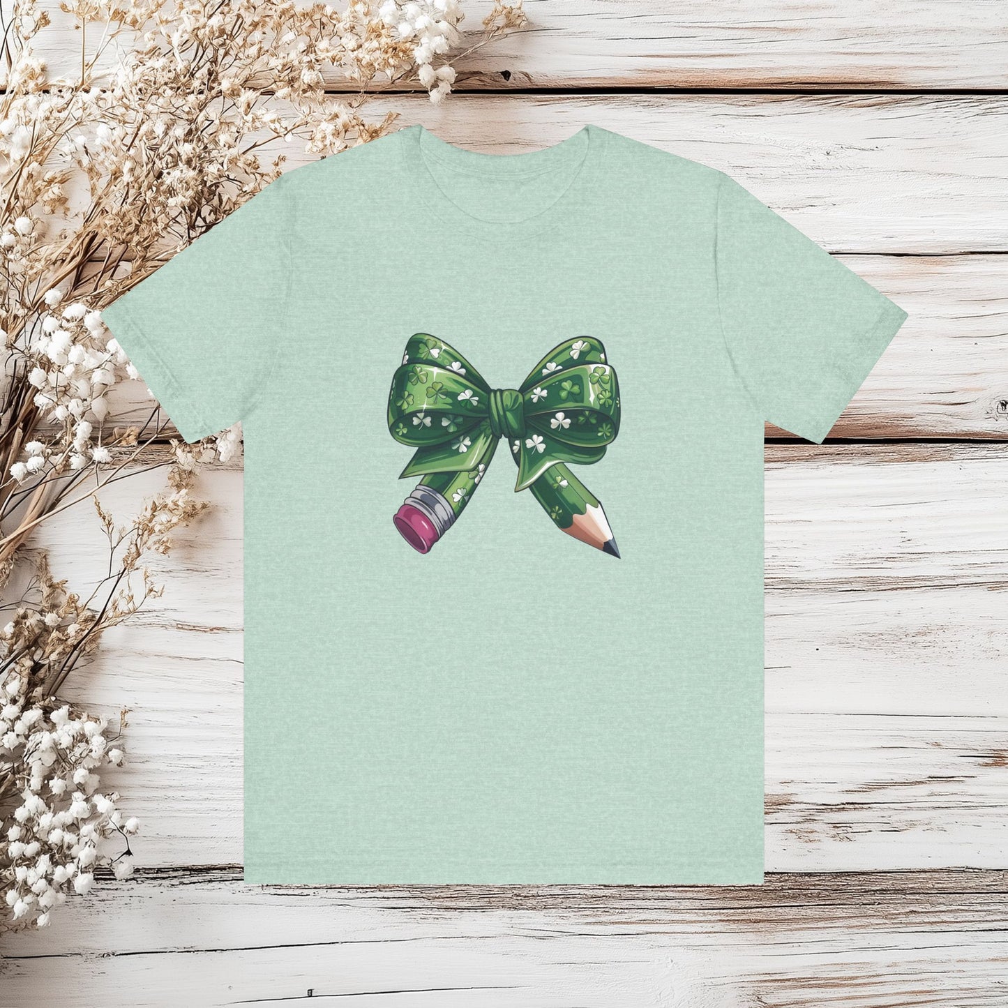 Lucky Teacher Pencil Bow T-Shirt – St. Patrick’s Day Teacher | Unisex Jersey Short Sleeve Tee